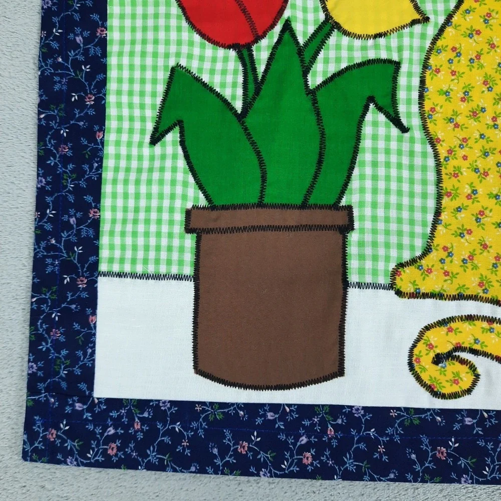 Handmade Applique Wall Hanging Cat Tulips Spring Floral Cottagecore Grandma VTG